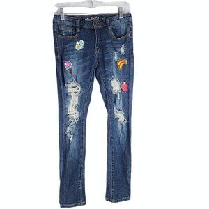 Machine Distressed Patch Skinny Jeans